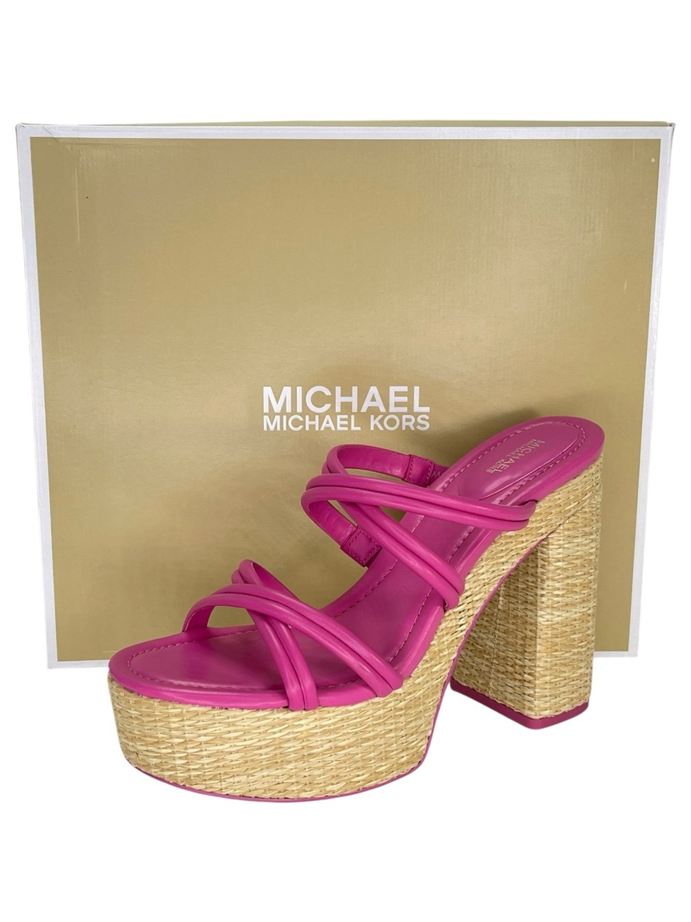 Michael Kors Corrine Pink Leather Raffia Womens Platform Sandals Size 11M - Picture 15 of 15